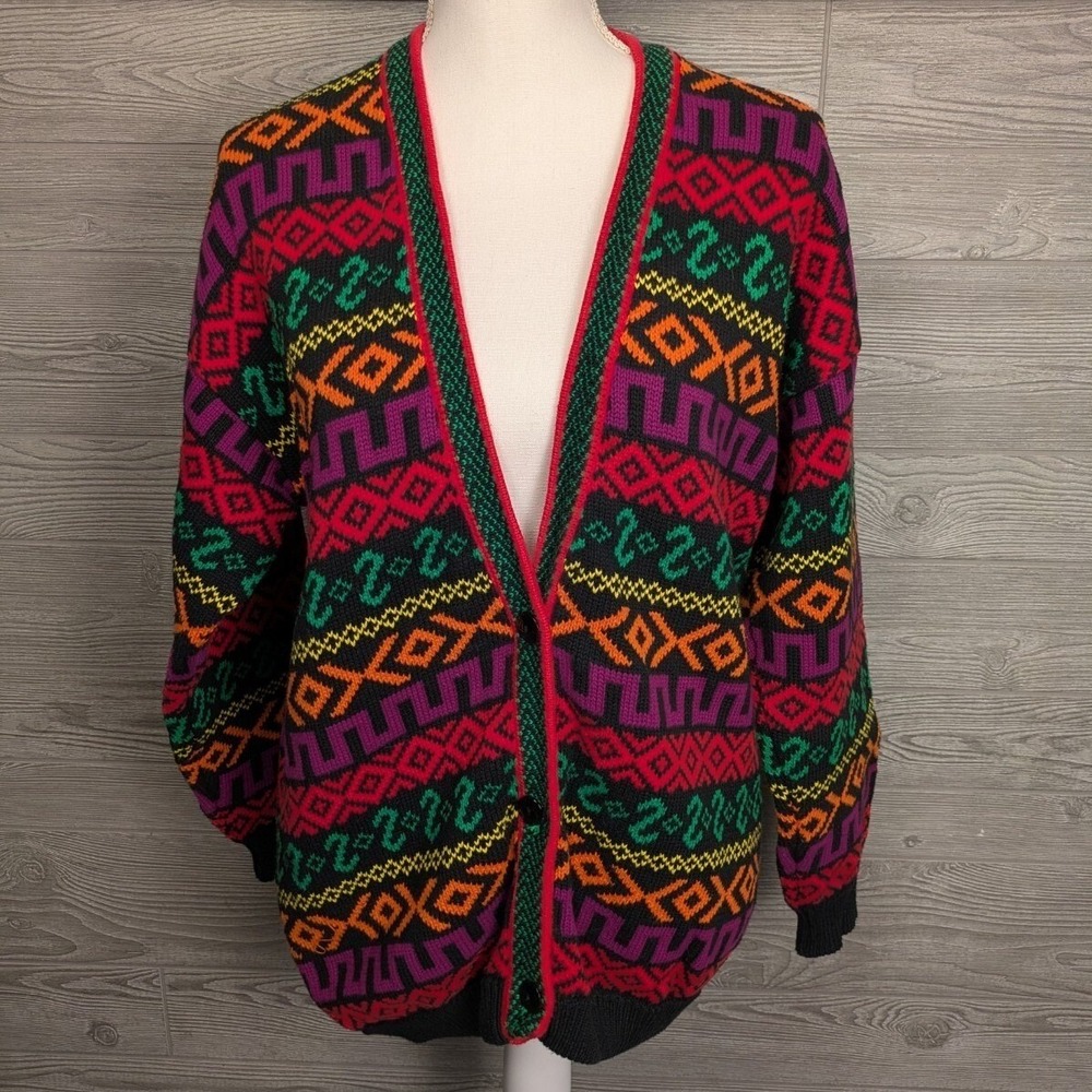Vintage Rafaella Coogi Style Cardigan Sweater Multicolor Vibrant Size M